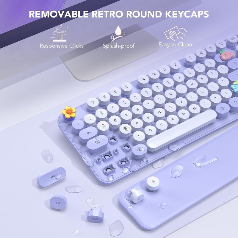 SABLUTE Wireless Keyboard, Round Keycaps, Retro Typewriter Keyboard with Detachable Wrist Rest, Sleep Mode, Foldable Legs, 2.4GHz Full-Size Cordless Computer Keyboard for Windows/PC/Laptop (Colorful-Purple) - Image 4